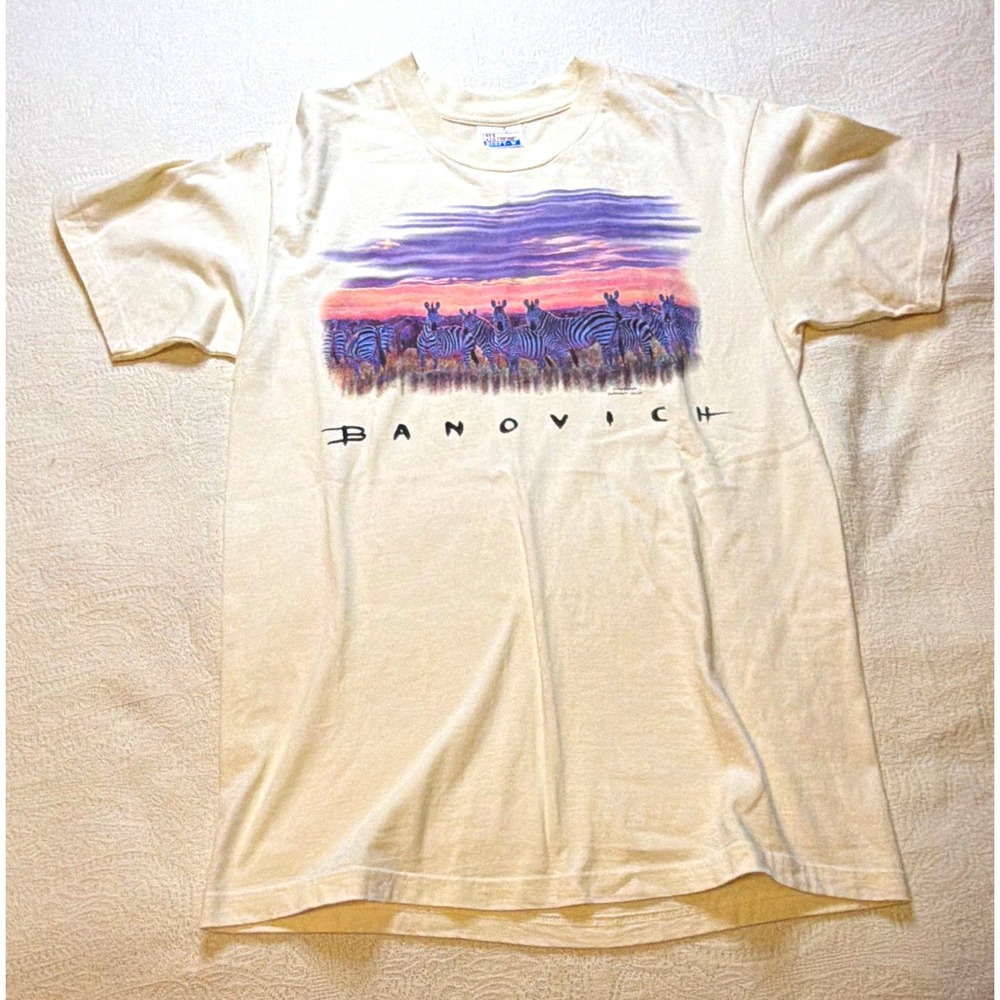 Vintage 90s John Banovich Wildlife Art Zebra T Shirt Hanes Beefy-T Medium Cream